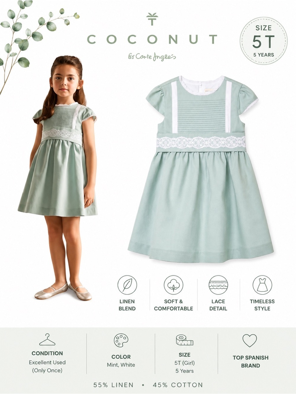 Coconut by Corte Inglés Mint Linen Lace Dress EUC 5T